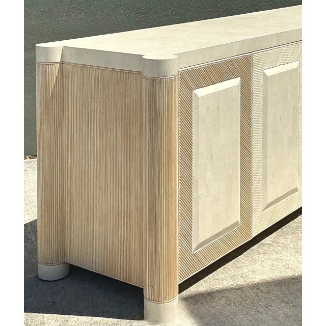 Vintage Washed Pencil Reed Credenza With Travertine Top For Sale - Image 9 of 12
