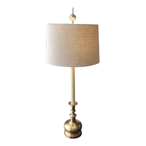 1960s Extra Tall Brass Stiffel Style Buffet Lamp With Linen Drum Shade