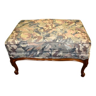 Vintage Sherrill Carved Mahogany French Style Floral Patterned Ottoman For Sale
