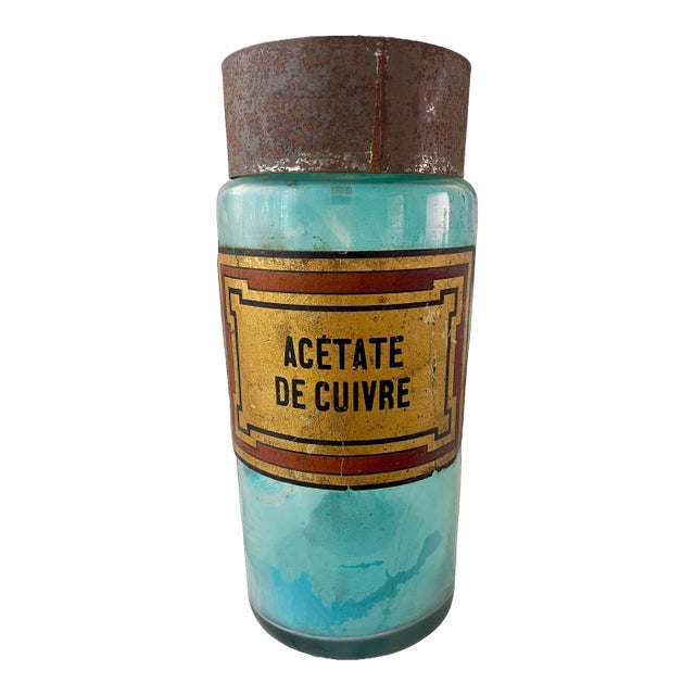 Antique French Pharmacy Bottle – “Acétate De Cuivre” – Blue-Green Copper Compound For Sale