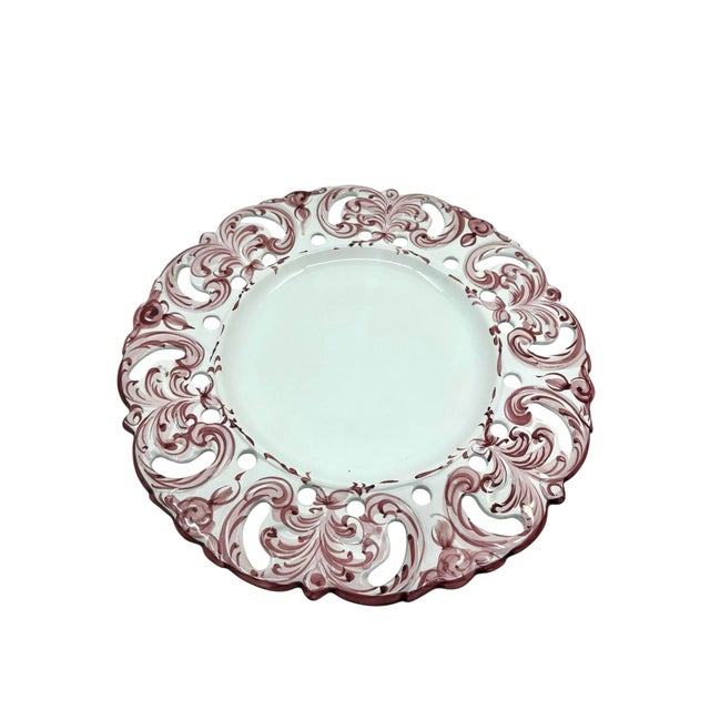 Traditional Vintage Pink and White Hand Painted Reticulated Platter - Made in Portugal For Sale - Image 3 of 10