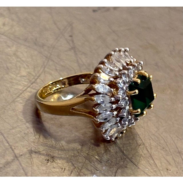 Mid-Century Modern Gold-Plated Emerald & Diamond Cocktail Ring For Sale - Image 3 of 6