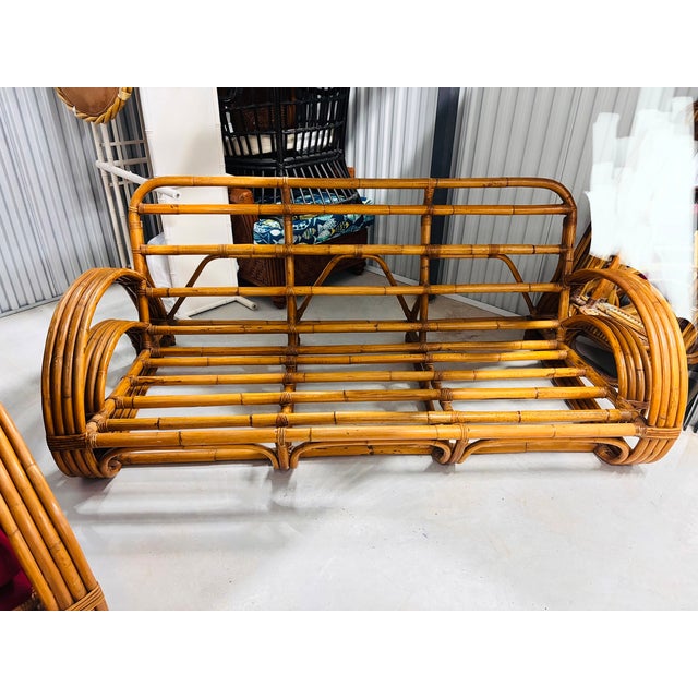 Fully Refurbished, Double Tear-Drop Stacked Rattan Bamboo Sofa and Chair Living Room Set. Mid-Century, Rattan in the Manner of Paul Frankl. For Sale - Image 12 of 13
