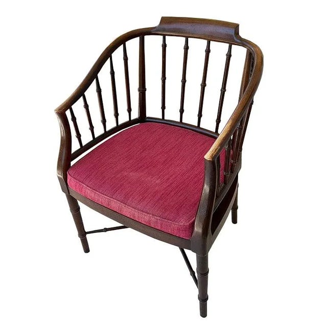 Chinoiserie 1960s Hollywood Regency Chippendale Brown and Red Faux Bamboo Wood Barrel Arm Chair For Sale - Image 3 of 8