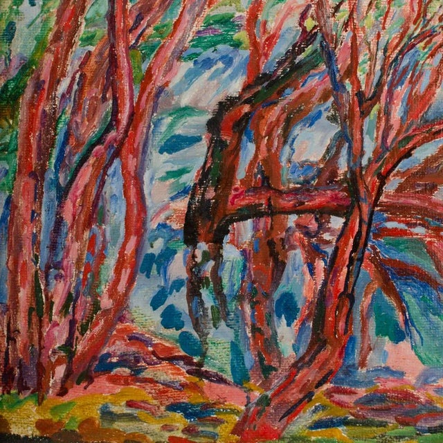 Textile Mid 20th Century "Fruhling am Teich (Spring at the Pond)" Landscape Oil Painting by Elisabeth Merlicek, Framed For Sale - Image 7 of 13