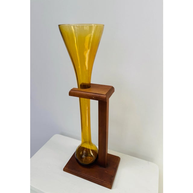 Mid-Century Modern Mid 20th Century Amber Empoli Glass Vase on Wood Stand For Sale - Image 3 of 9