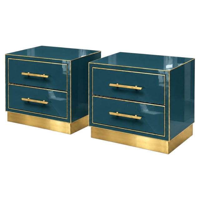 Petrol Blue Murano Glass Nightstands on Brass Plinth from Justfurnituress SRL, Set of 2 For Sale - Image 9 of 9