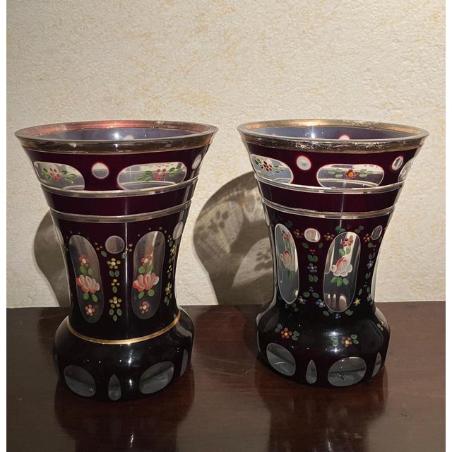 Boho Chic Antique Bohemian Amber Glass Goblets with Hand-Painted Floral Decoration, Set of 2 For Sale - Image 3 of 10