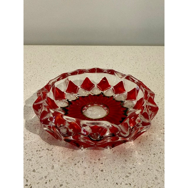 French Vintage French Ruby Red & Clear Art Glass Ashtray With Dark Green Accent Detailing For Sale - Image 3 of 9