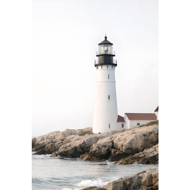 Contemporary White Lighthouse Coastal Scene, Minimalist Seascape Art Print, 24″ × 36″ For Sale - Image 3 of 8