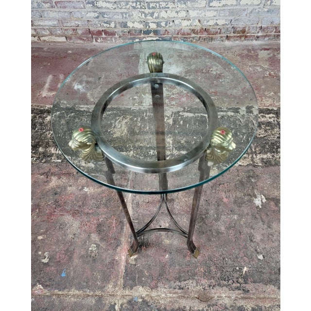 Pedestal Polished Stainless Steel Frame with 3 Brass Lion Heads & Glass Top For Sale In Los Angeles - Image 6 of 9