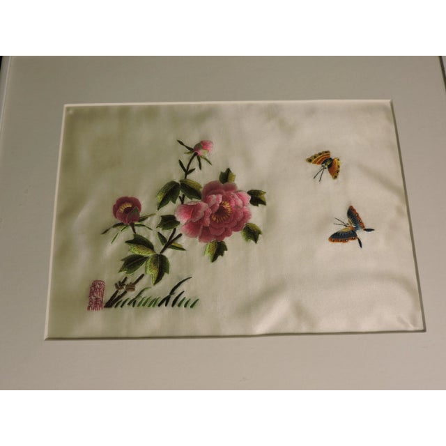Vintage 1980's Jingdezhen Signed Chinese Hand Embroidered Silk Framed Art - Set of 2 For Sale - Image 9 of 12