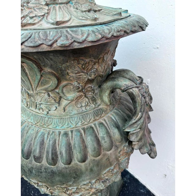51”h Spectacular Miami Beach Vintage Urn With Lid Classic Cast Bronze Verdigris Patinated - A Pair For Sale - Image 12 of 12