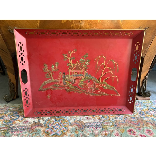 Vintage Red Hand Painted Chinoiserie Tole Tray For Sale - Image 12 of 12