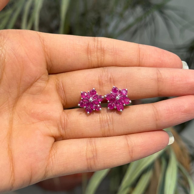 Not Yet Made - Made To Order 2.9 TCW Natural Ruby Rosette Flower Stud Earrings - Birthday Gift, a Pair For Sale - Image 5 of 10