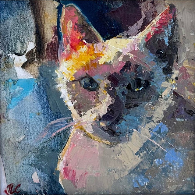 Bluepoint by Jessica Cook | Oil on Canvas Mounted on Panel Cat Portrait For Sale