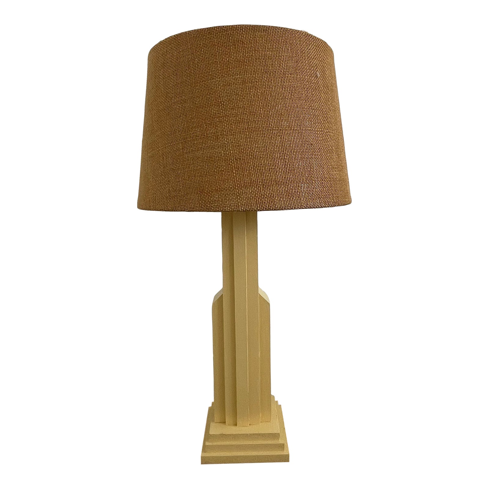 1950s Skyscraper Style Stacked Wood Lamp With Original Burlap Shade