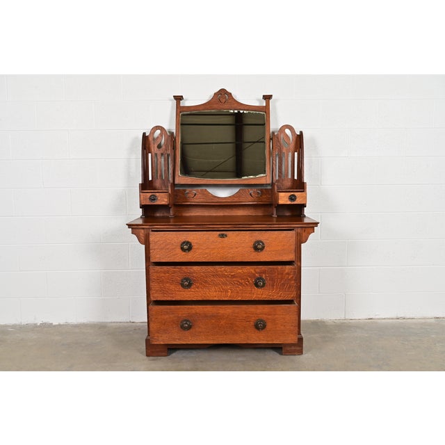 Early 20th Century Liberty & Co. Antique English Mission Oak Arts & Crafts Vanity Dresser With Mirror, Circa 1900 For Sale - Image 5 of 15