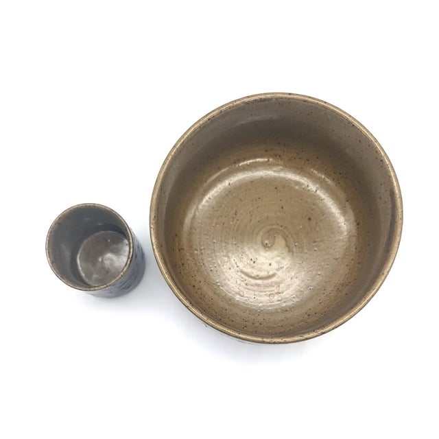 Vintage Otagiri "Sandhill Crane" Glazed Stoneware Bowl & Sake or Tea Cup For Sale - Image 9 of 10