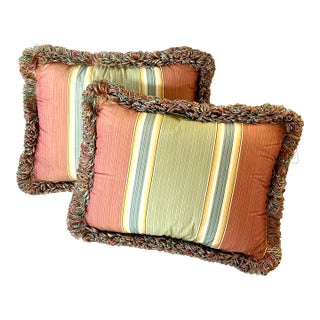 Pair of Striped Toss Pillows With Looped Trim For Sale