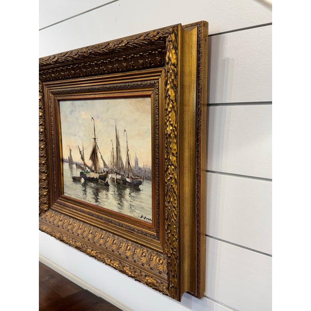 Sky Blue 20th Century Oil Painting "Ships in Harbor" For Sale - Image 8 of 9