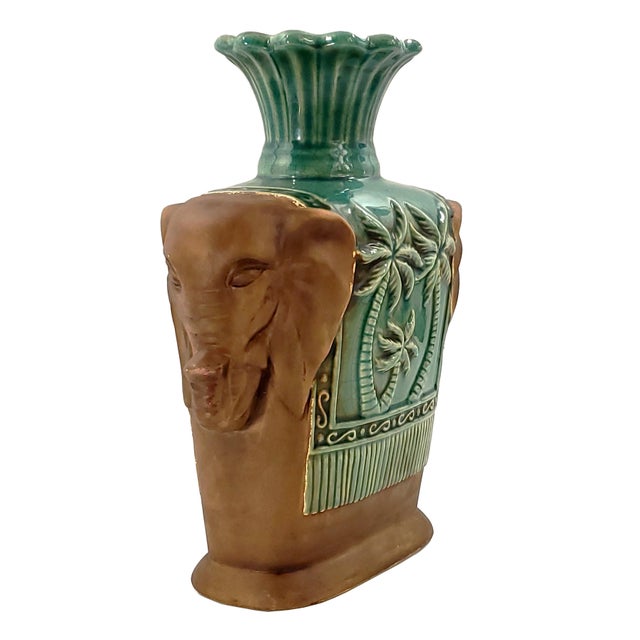 Large Vintage Ceramic Elephant Vase With Brown Matte Glaze and High Gloss Teal Glaze in Center
