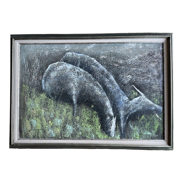 Vintage Signed Roane Sgraffito Original Biomorphic Grazing Deer Painting Framed Canvas Abstract Expressionism For Sale