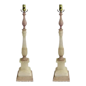 Italian Neoclassical Style Alabaster Off White Table Lamp, a Pair