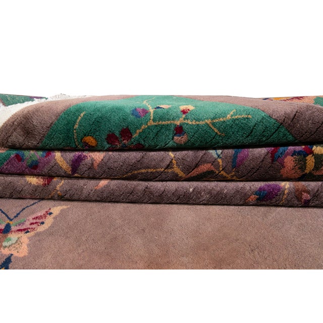 Antique Chinese Art Deco Rug - Plum & Jade Green Floral Wool 9x12 For Sale - Image 12 of 12
