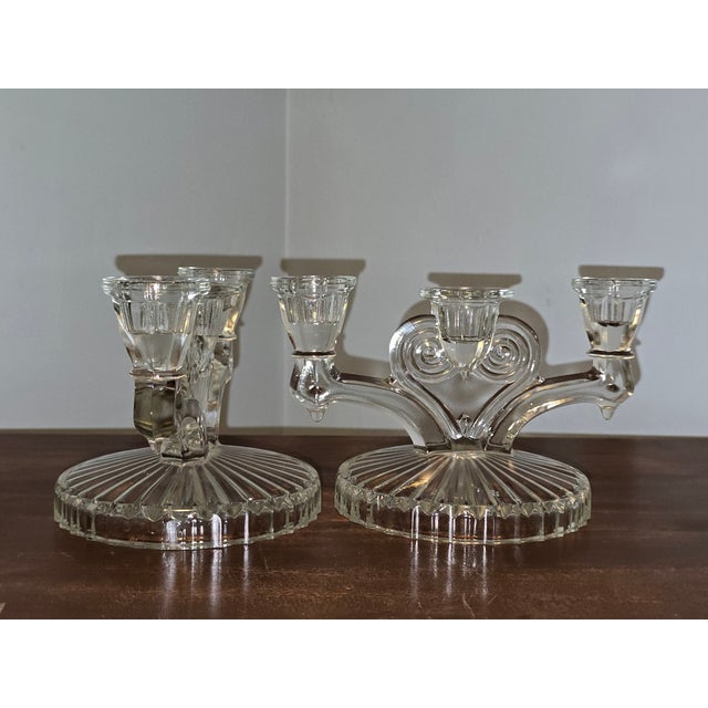 Art Deco Vintage Pressed‑Glass Triple Spot Candleholders — Set of Two For Sale - Image 3 of 11