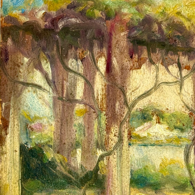 A lush original post impressionist oil on board painting of a water scene with a garden pergola. Or is it a vine-covered...