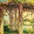 A lush original post impressionist oil on board painting of a water scene with a garden pergola. Or is it a vine-covered...