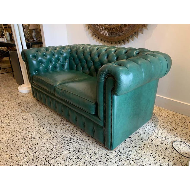 Original English Hunter Green Chesterfield Leather TwoSeat Sofa Chairish