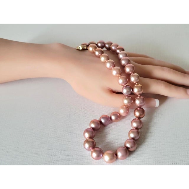 Natural Freshwater Edison Dark Pink Pearl Necklace With 14k Gold Clasp For Sale - Image 14 of 15