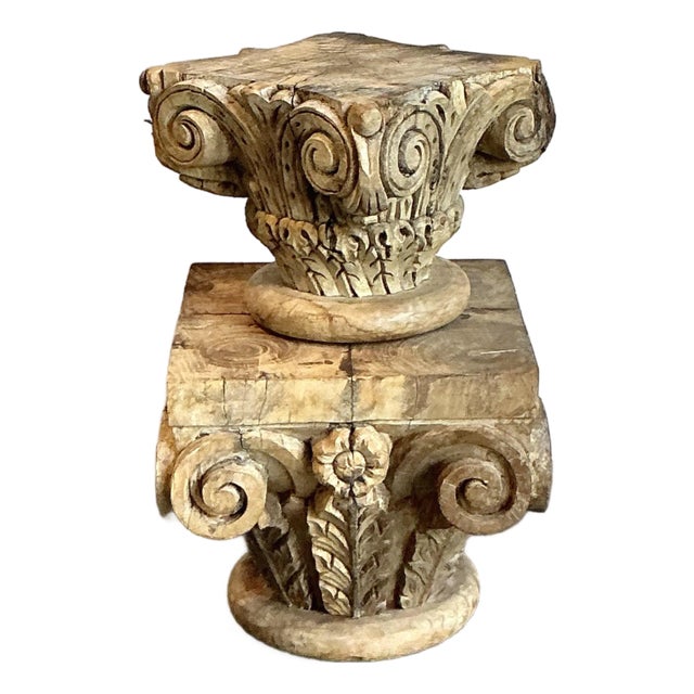 Vintage Boho Carved Wood Column Drink Tables - Set of 2 For Sale
