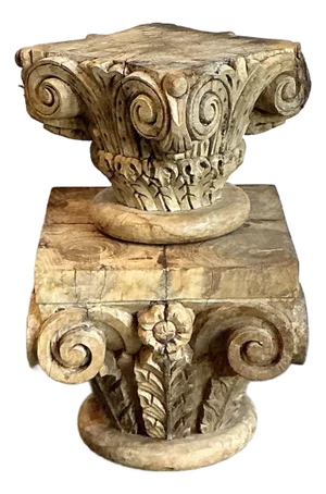 Vintage Boho Carved Wood Column Drink Tables - Set of 2