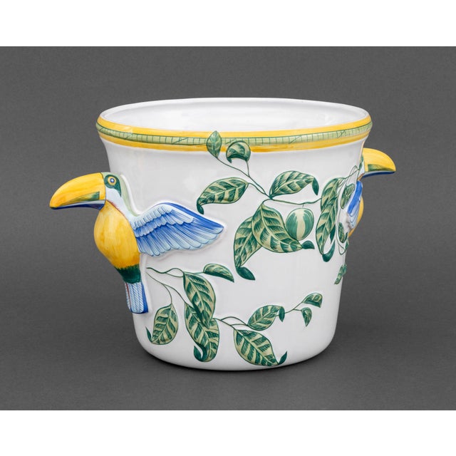 Hermes Moustiers Faience "Toucan" Champagne Bucket, marked "Hermes / Moustiers / S / Made in France" to underside. 8" H x...