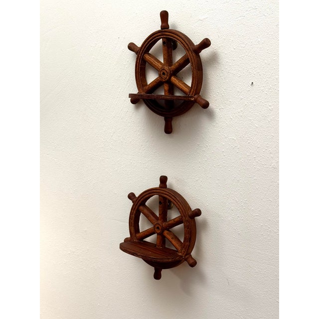 Vintage Nautical/Coastal Solid Wood Ship Wheel Wall Shelves, a Pair For Sale - Image 4 of 9