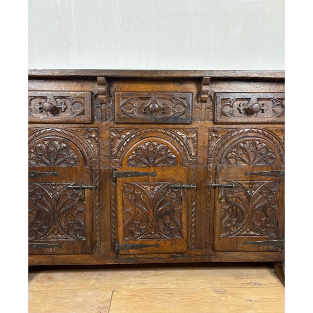 Spanish Carved Oak Sideboard Cabinet with Three Doors and Drawers, 1860s For Sale - Image 12 of 13