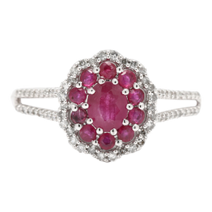 0.85ctw Ruby & Diamond Oval Cluster Ring, 14k White Gold, Ring Size 6