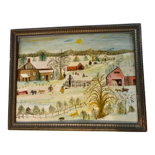 Vintage Folk Art Village Farm Landscape Acrylic on Canvas Board For Sale