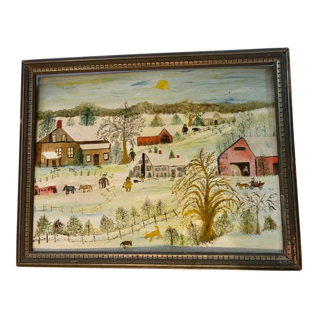 Vintage Folk Art Village Farm Landscape Acrylic on Canvas Board For Sale