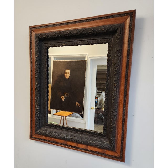 Late 19th Century Decorative Eastlake Solid Oak and Patinated Bronze Work Double Frame Mirror, Circa 1890s For Sale - Image 5 of 12