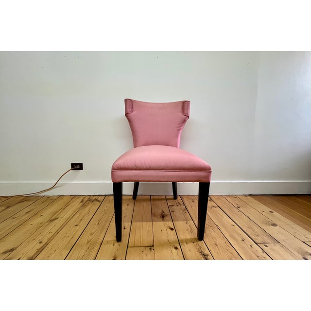 Hollywood Regency Pair of Vintage Pink Silk Dining Chairs For Sale - Image 3 of 4