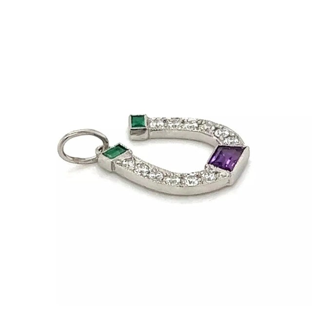 Contemporary Tiffany & Co. Platinum Diamond Emerald Amethyst Horseshoe Charm Pendant For Sale - Image 3 of 5