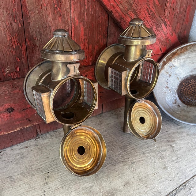Pair of Antique Brass Carriage Lanterns With Glass Panels & Hinged Doors Vintage Home Decor or Restoration Pieces For Sale - Image 13 of 18