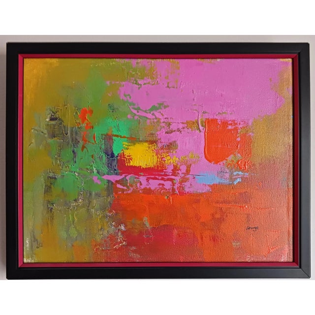 Pair Vintage Color Field Abstract Midcentury Paintings Rose and Blue For Sale - Image 4 of 11