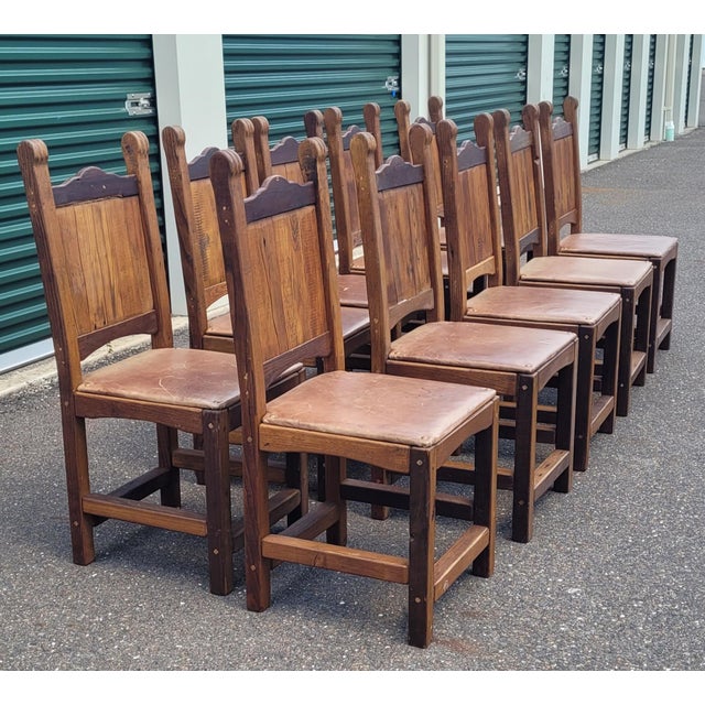Wood 1970s Fabulous Set of 10 Spanish Misssion Leather Seat Dining Chairs For Sale - Image 7 of 12