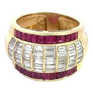 Diamond Ruby Gold Ring 5.50ct 18k Yellow Wide Dome Band For Sale