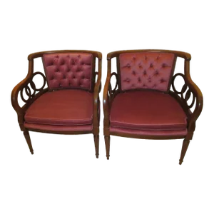 Vintage Hollywood Regency Velvet Barrel Back Circle Armchairs - a Pair